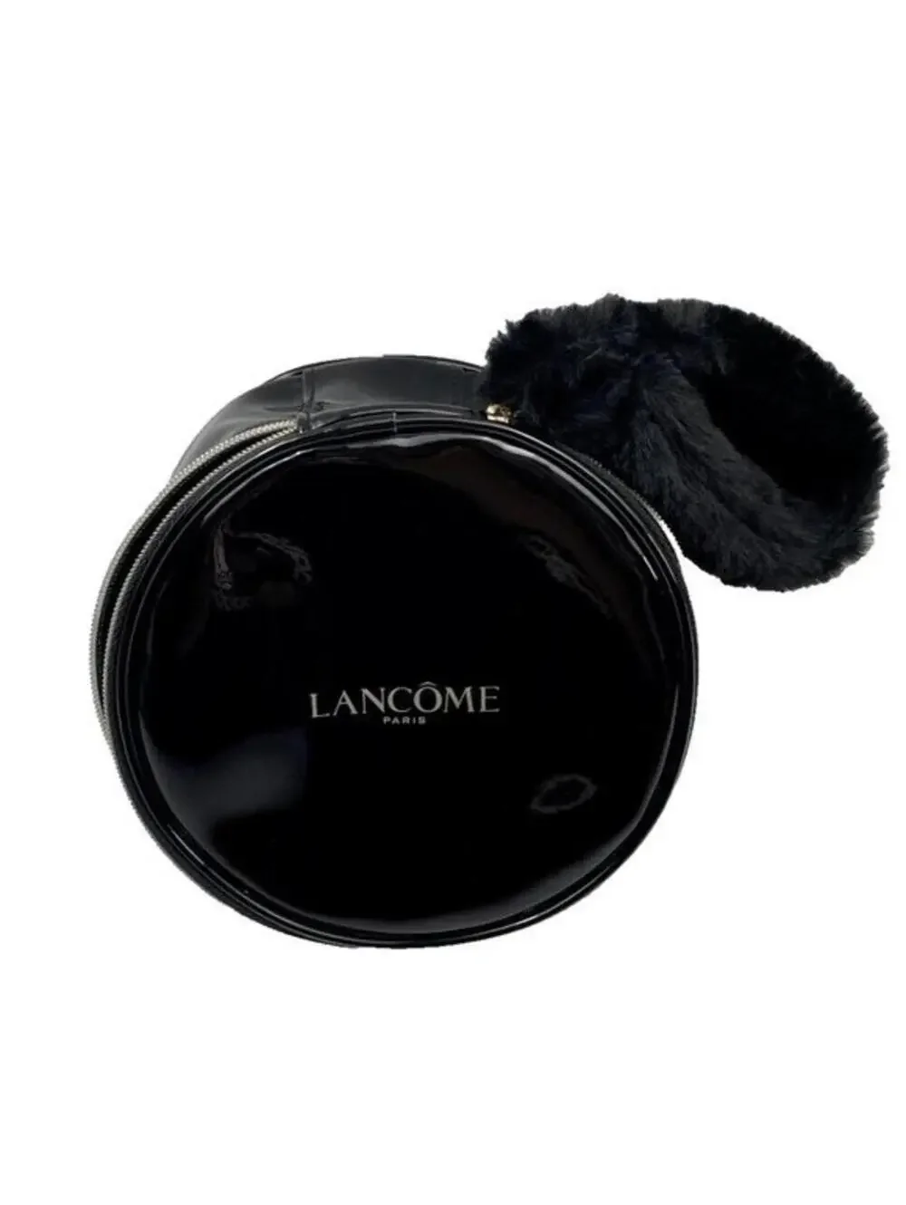 Lancome Paris Makeup Bag Black Circular Makeup Travel Carrier Case Fur Wristlet